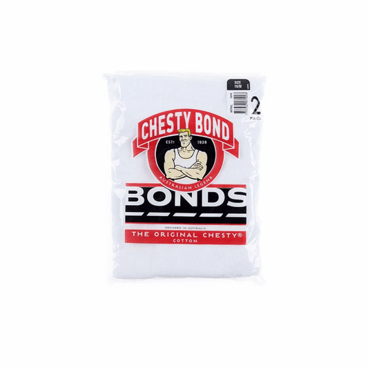 Pack of Bonds underwear with brand logo on a white background. Bonds Chesty Bond Singlet available at Stewart’s Menswear Mullumbimby in ribbed cotton with classic men’s styling.