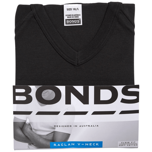 Folded black V-neck shirt with 'Bonds' branding on a white background. Bonds Genuine V-neck raglan t-shirt available at Stewart's Menswear, Mullumbimby.