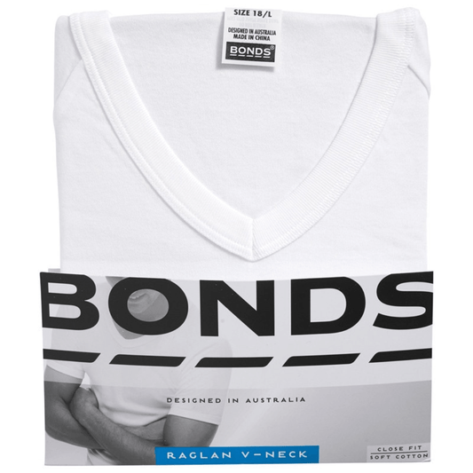 Folded white V-neck shirt with 'Bonds' branding on a white background. Bonds Genuine V-neck raglan t-shirt available at Stewart's Menswear, Mullumbimby.