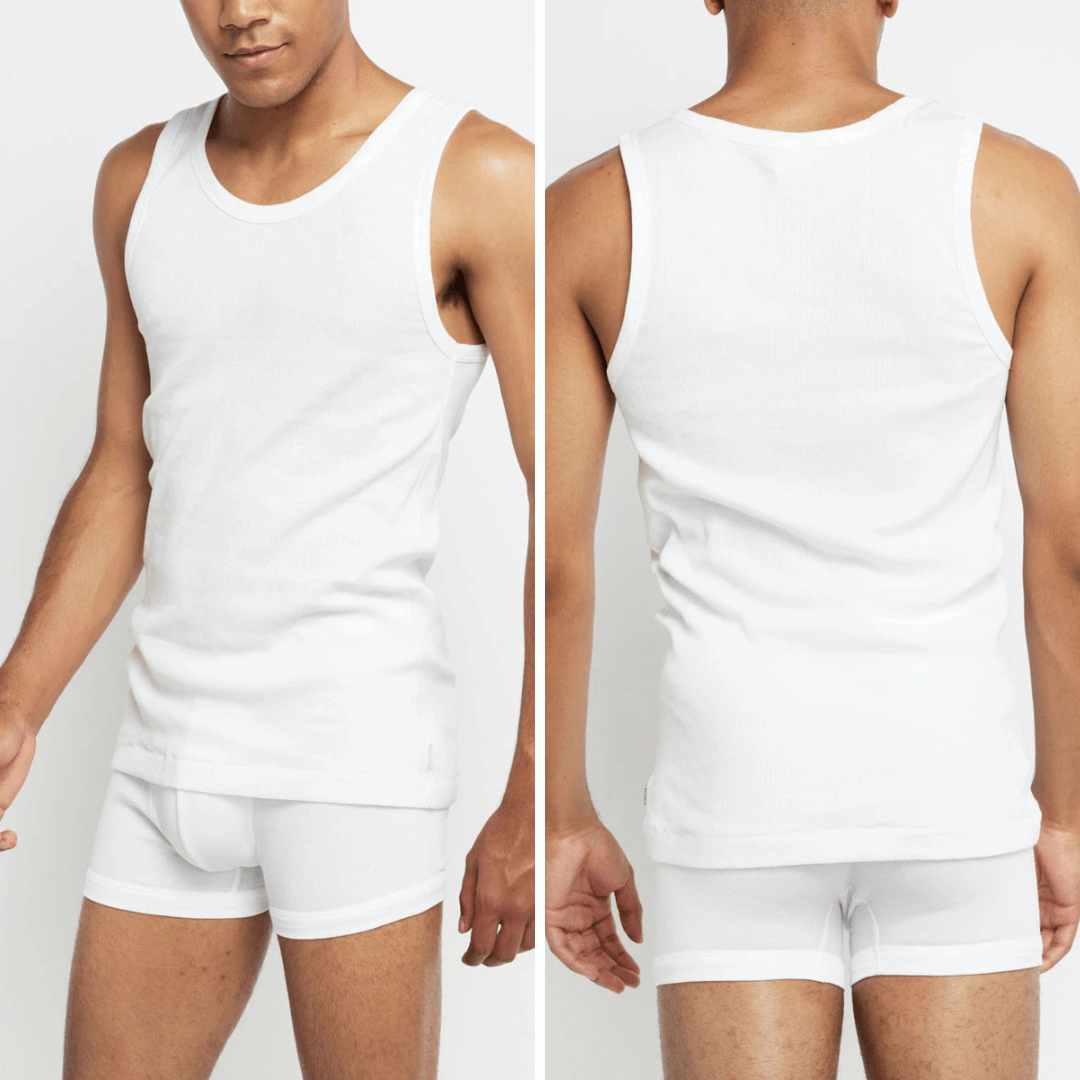 Front and Back views of model wearing BONDS Organic Chesty singlet available at Stewart’s Menswear Mullumbimby. Men’s organic cotton rib Chesty with two-way stretch and flat seams.