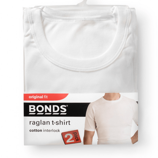 Bonds raglan t-shirt packaging (2 pack) with a white t-shirt on a white background. Bonds Original Raglan Tee Shirt available at Stewart's Menswear Mullumbimby. Soft cotton men's crew neck tee in basic colours.