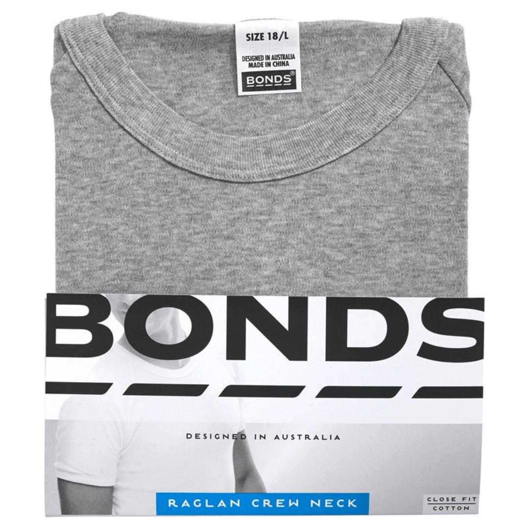 Bonds raglan t-shirt packaging with a grey marle t-shirt on a white background. Bonds Original Raglan Tee Shirt available at Stewart's Menswear Mullumbimby. Soft cotton men's crew neck tee in basic colours.