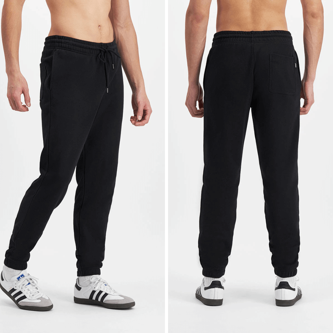 Side and back views of model wearing BONDS Originals Jogger Pant available at Stewart’s Menswear Mullumbimby. Relaxed fit men’s cotton joggers with drawcord waist and pockets.