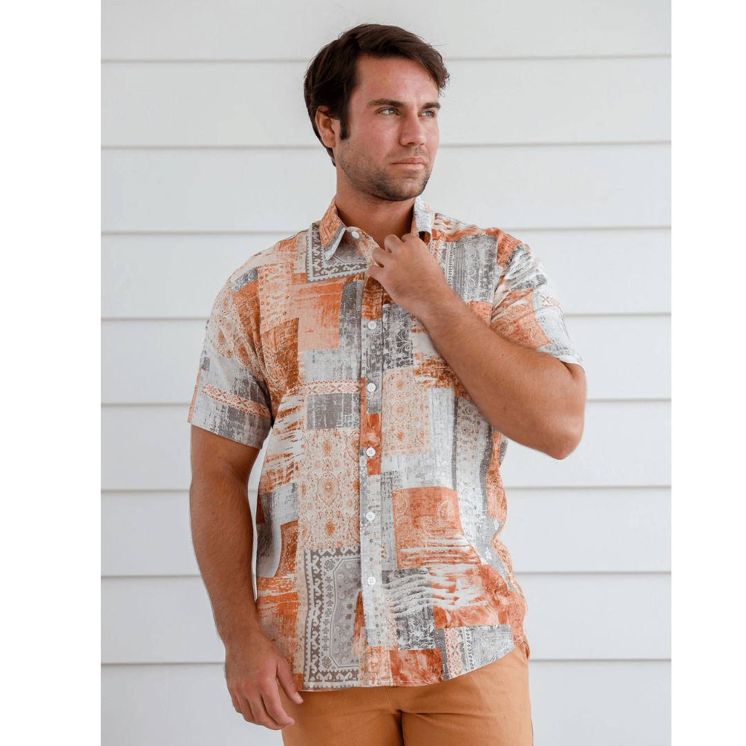 Stewarts Menswear, Mullumbimby, Braintree Hemp. Short sleeve hemp/rayon shirt. Colour block design in orange, grey and white tones.