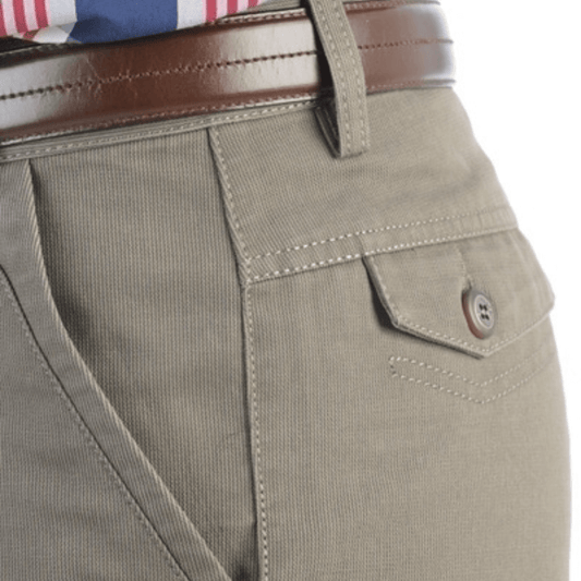 Close up  view of Manly Asia Pacific Euro Slim Fit Casual Pant in plum kitten (khaki colour), available at Stewart’s Menswear Mullumbimby.
