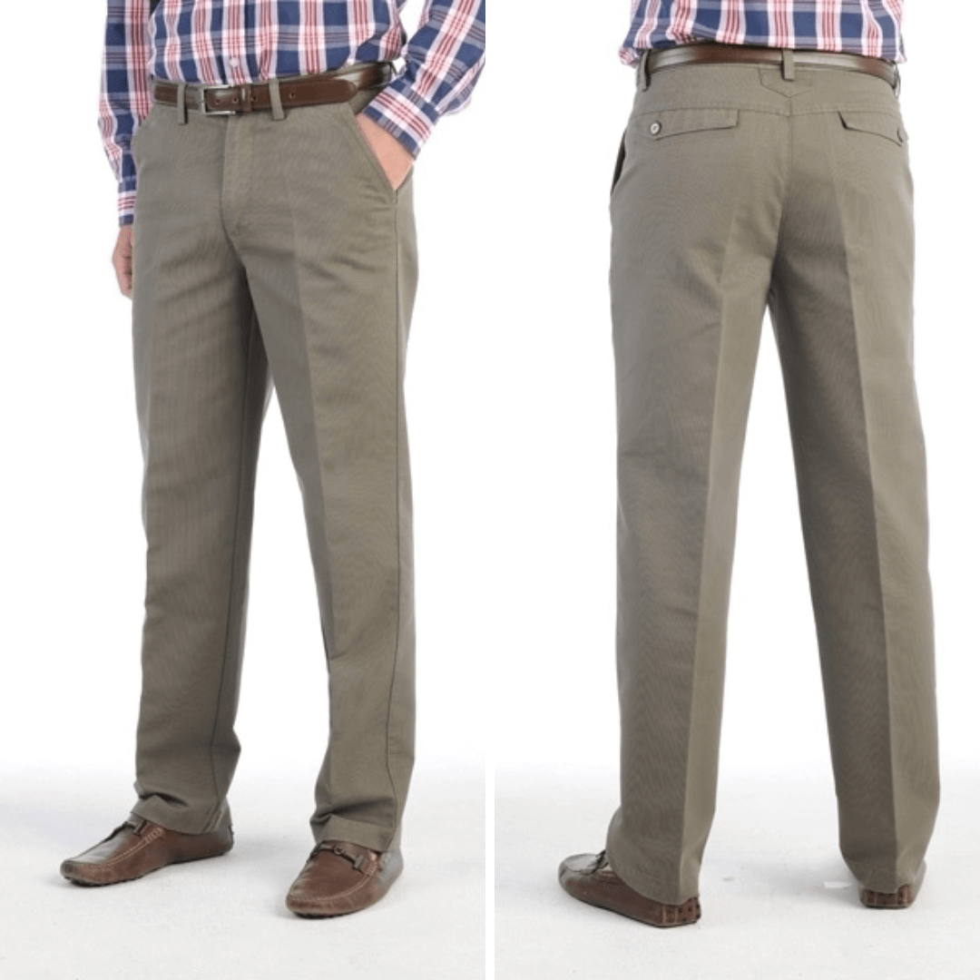 Front and back views of Manly Asia Pacific Euro Slim Fit Casual Pant in plum kitten (khaki colour), available at Stewart’s Menswear Mullumbimby.