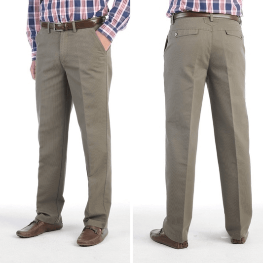 Front and back views of Manly Asia Pacific Euro Slim Fit Casual Pant in plum kitten (khaki colour), available at Stewart’s Menswear Mullumbimby.