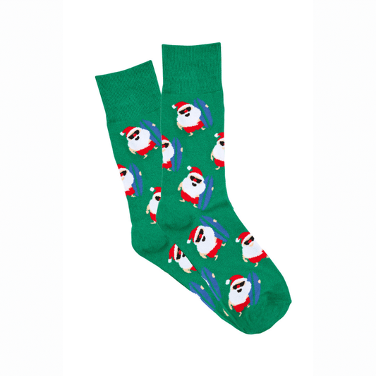 Stewarts Menswear Mullumbimby Fine Cotton Socks Surfing Santas.Sock Cafe Fine cotton fashion socks have fun and contemporary patterns, designed to be worn for business or leisure. Green socks printed all over with Santas holding surfboards. Photo shows unpackaged socks.