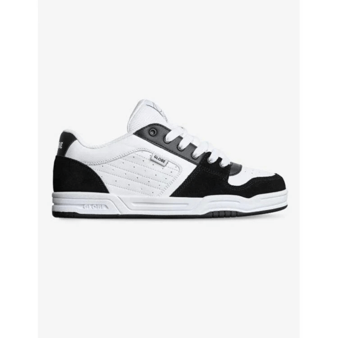 Stewart's Menswear, Mullumbimby. Product photo of Globe Mojo 2.0 Skate shoe. Predominantly white shoe with black heel, toe and trims.