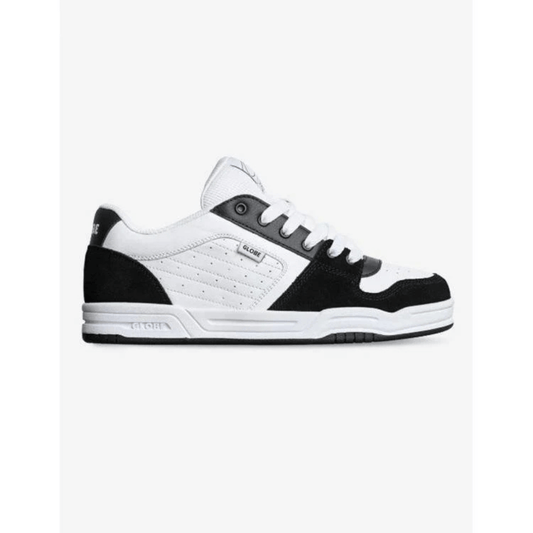 Stewart's Menswear, Mullumbimby. Product photo of Globe Mojo 2.0 Skate shoe. Predominantly white shoe with black heel, toe and trims.
