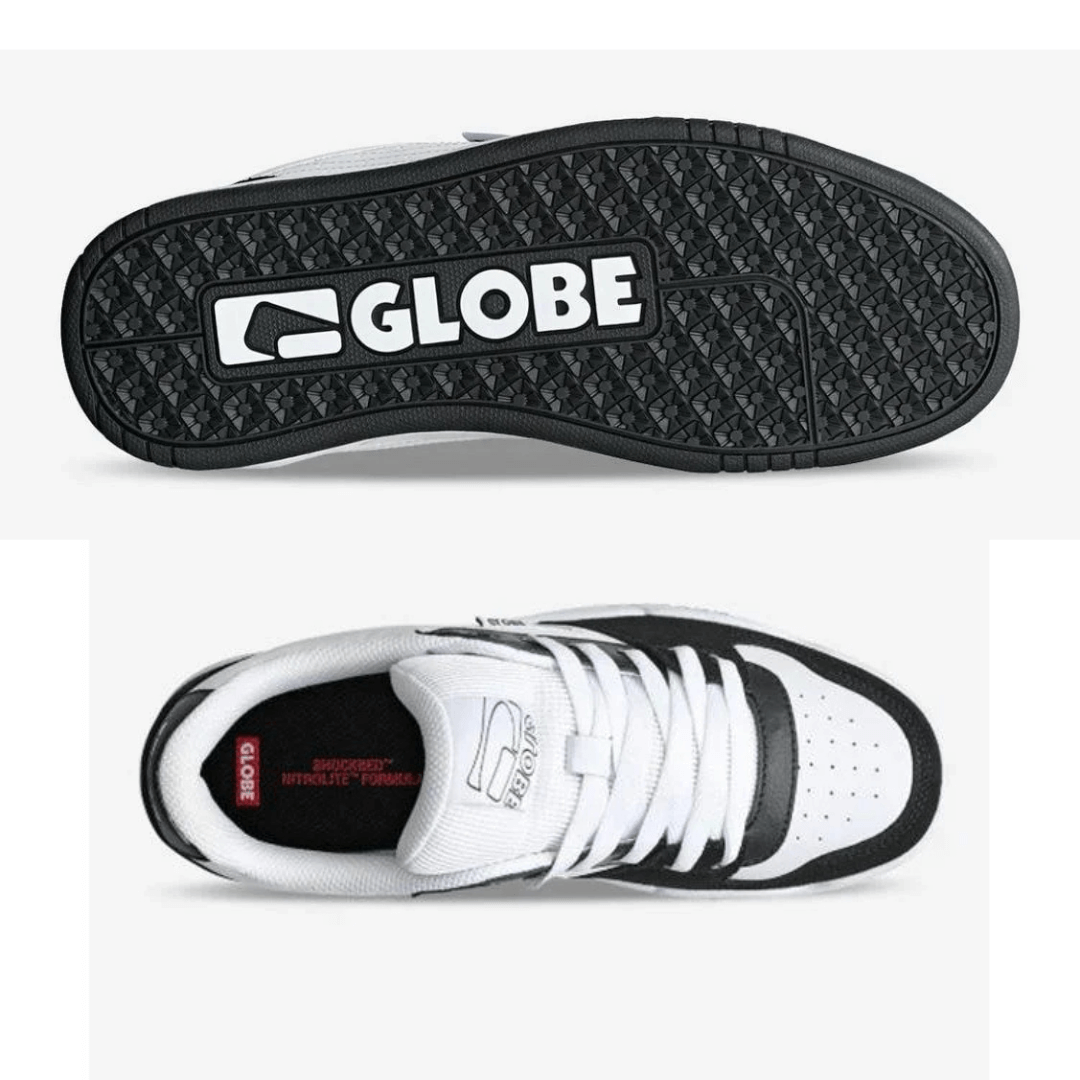 Stewart's Menswear, Mullumbimby. Product photo of both top view and sole of Globe Mojo 2.0 Skate shoe. Predominantly white shoe with black heel, toe and trims.