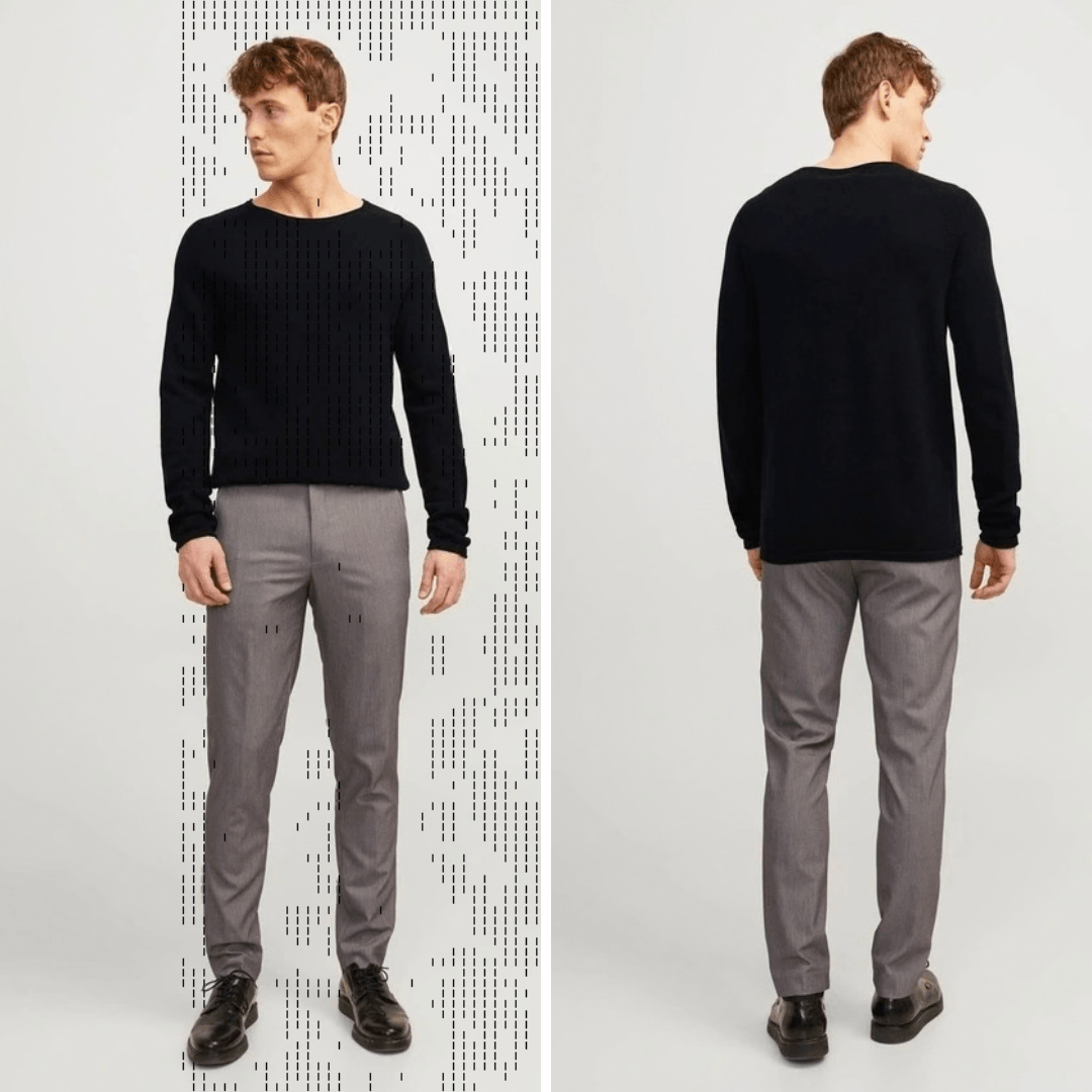 Man wearing a black sweater and gray pants, shown from front and back on a white background. Jack & Jones Hill cotton knit crew neck pullover in black available from Stewart's Menswear in Mullumbimby.