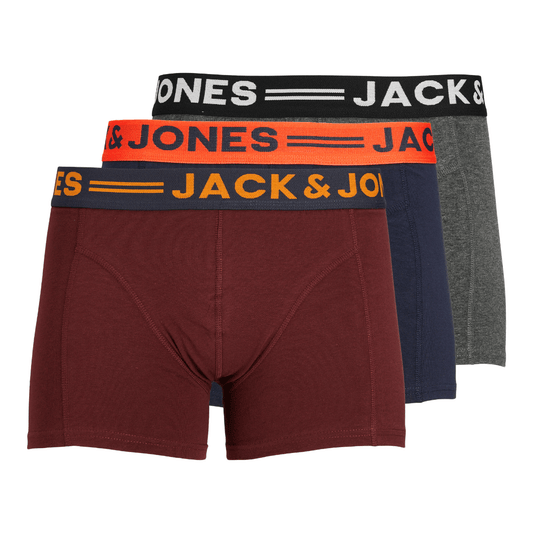 Stewart's Menswear, Mullumbimby. Jack & Jones Lichfield 3 Pack Trunk. Each pack contains 1 x burgunday 1 x navy and 1 x grey trunks.