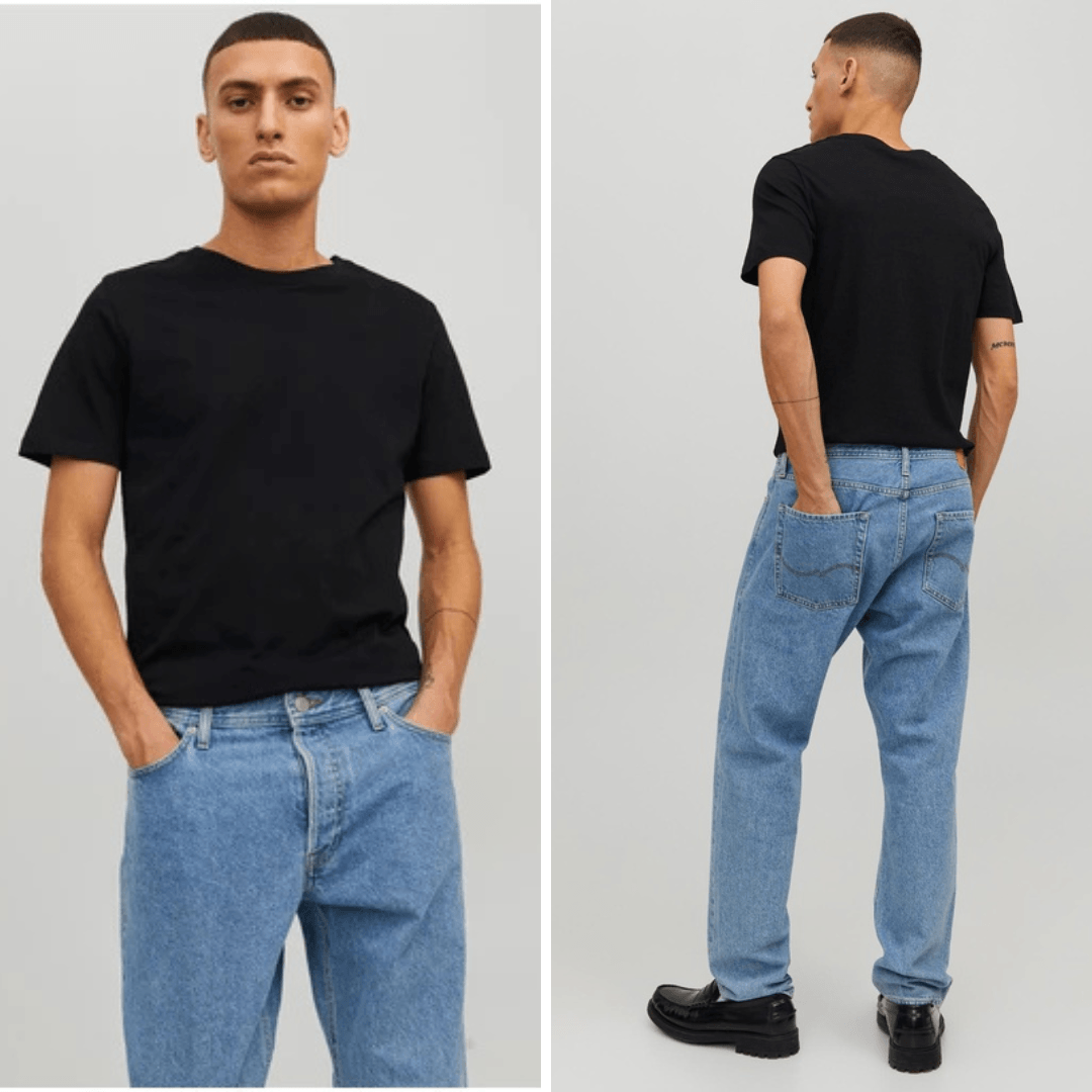 Front and Back views of Jack & Jones Organic Cotton T-Shirt in Black available at Stewart’s Menswear Mullumbimby. Soft regular-fit men’s tee with ribbed crew neck in organic cotton.