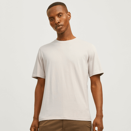 Stewart's Menswear, Mullumbimby. Jack & Jones Organic Cotton T-Shirt. Photo shows model wearing Jack & Jones Organic Cotton T-shirt in Moonbeam colour