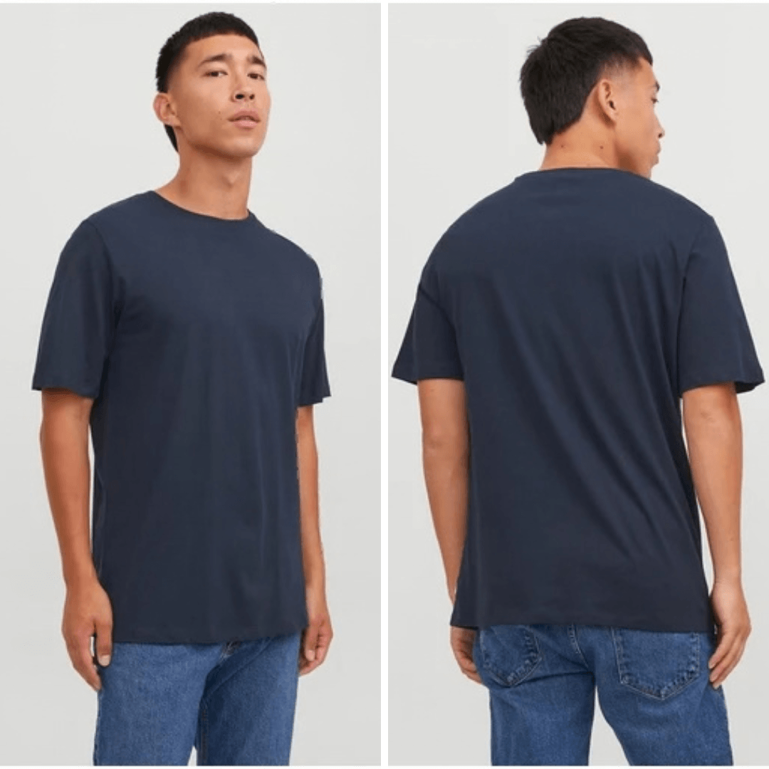 Person wearing a navy blue t-shirt with front and back views on a white background. Jack & Jones organic cotton t-shirt in navy blazer available from Stewart's Menswear in Mullumbimby.