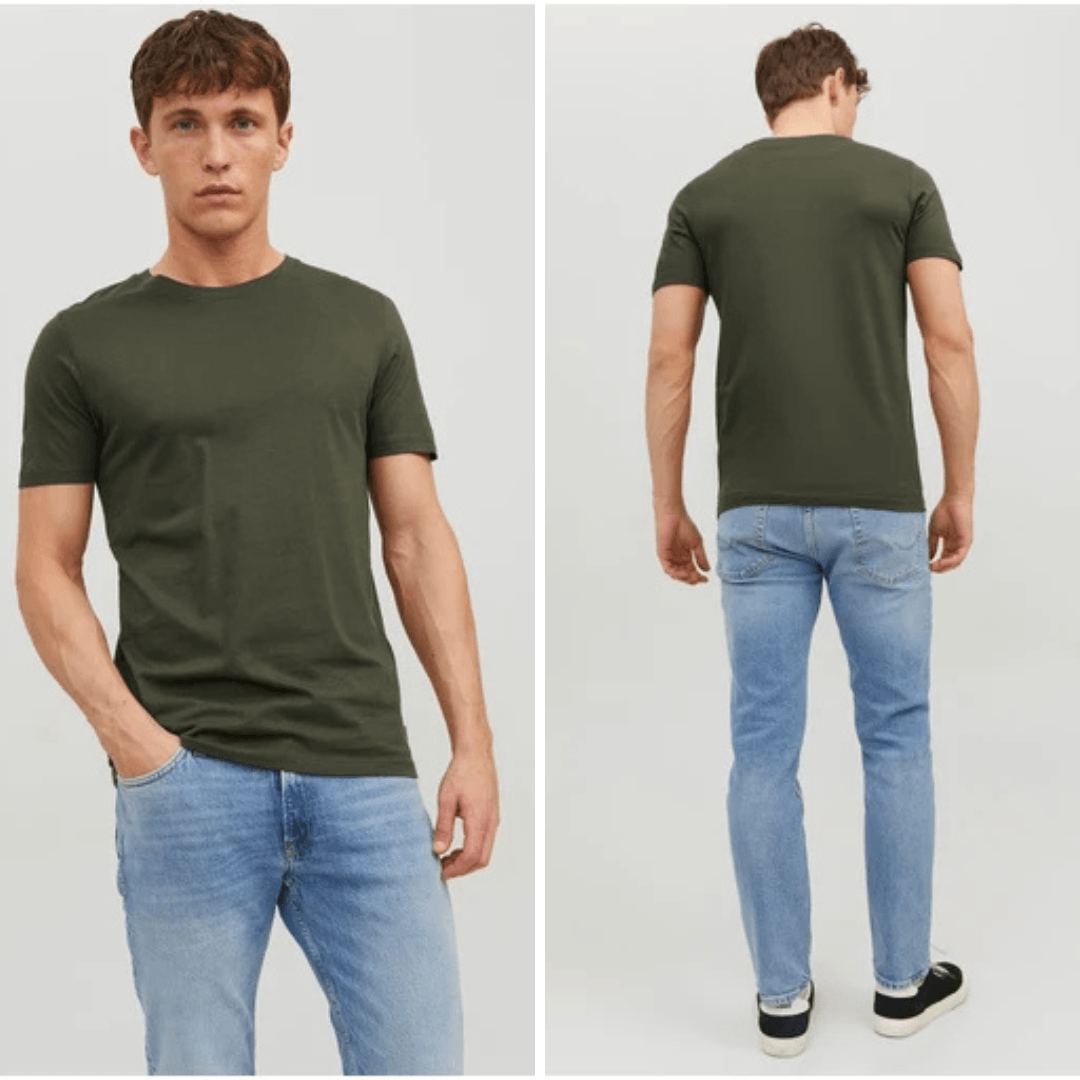 Front and Back views of Jack & Jones Organic Cotton T-Shirt in Olive night available at Stewart’s Menswear Mullumbimby. Soft regular-fit men’s tee with ribbed crew neck in organic cotton.
