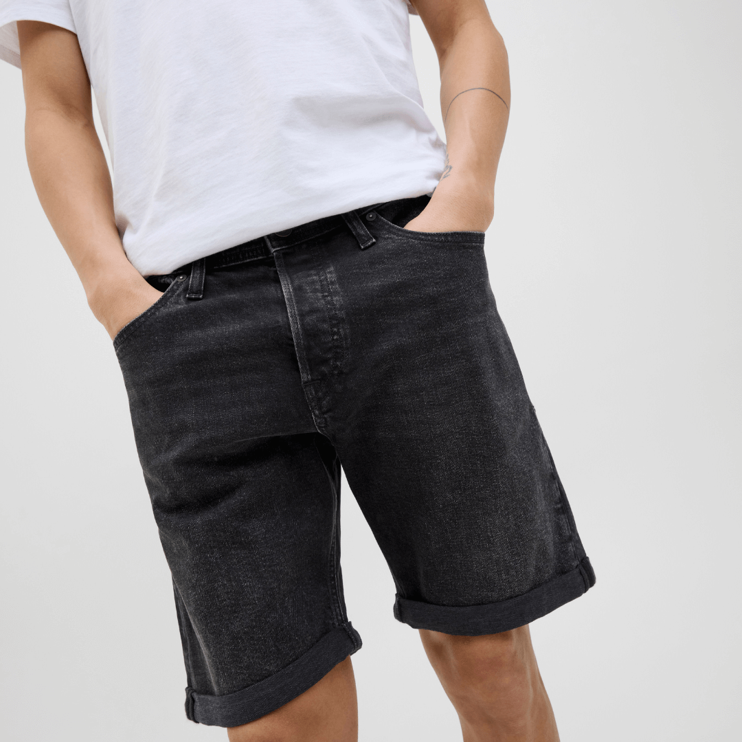 Stewart's Menswear, Mullumbimby. Jack & Jones original denim shorts, black. Photo shows front view of model wearing Jack & Jones Rick original denim shorts - black.