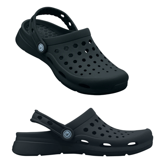 stewarts-menswear, Mullumbimby. Product photo of Joybees unisex active clog, side view. Colour is black.