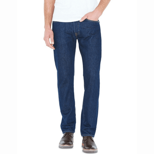 Stewart's Menswear Mullumbimby Levi's Jeans 501. The original 501 was invented by Levi's in 1873 A straight fit with a signature button fly and an authentic look and feel. Can be worn with a clean rolled hem or full length, whichever you prefer. Wear with a simple crew neck tee for a classic look. Colour is Rinse, Front View