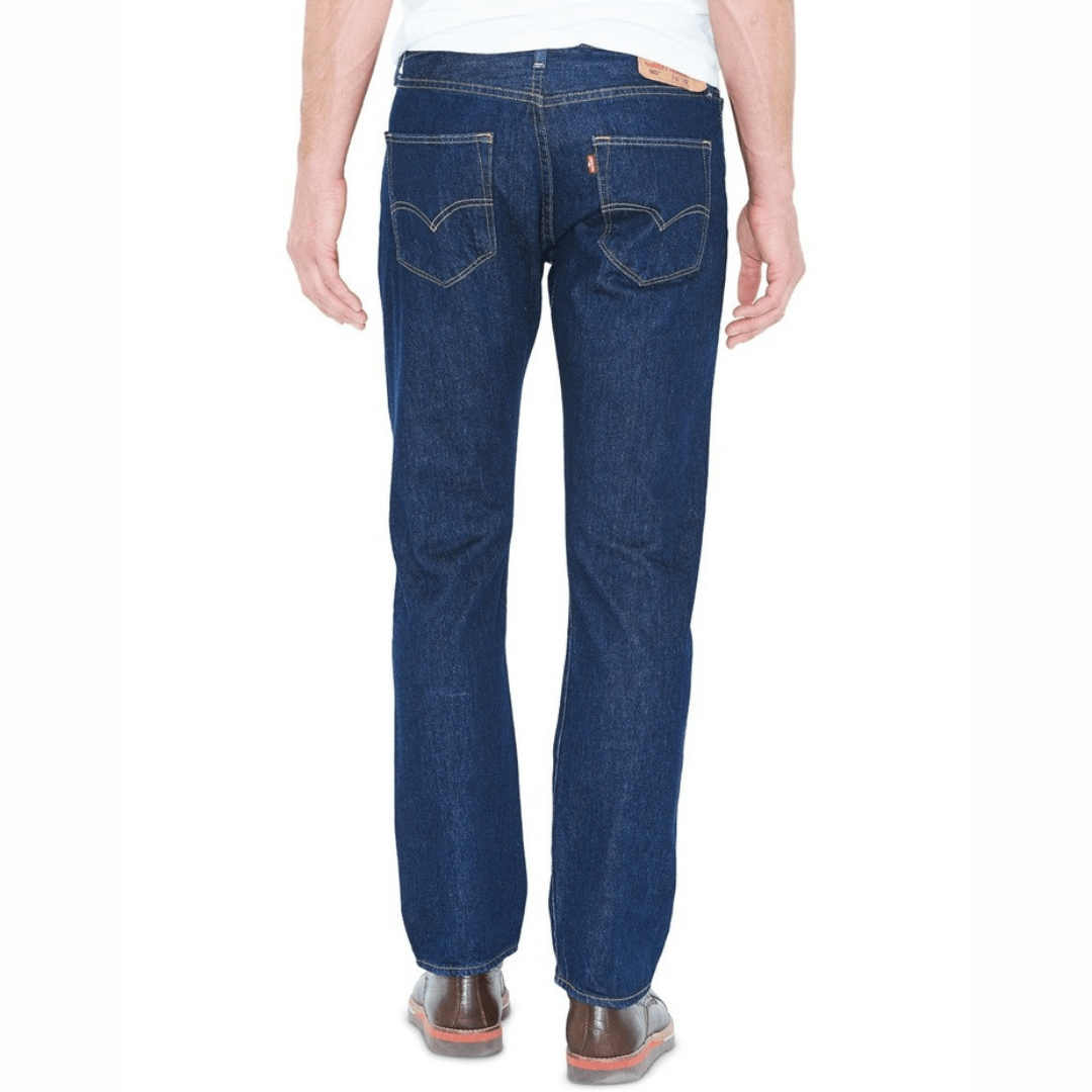 Stewart's Menswear Mullumbimby Levi's Jeans 501. The original 501 was invented by Levi's in 1873 A straight fit with a signature button fly and an authentic look and feel. Can be worn with a clean rolled hem or full length, whichever you prefer. Wear with a simple crew neck tee for a classic look. Colour is Rinse, Back view.