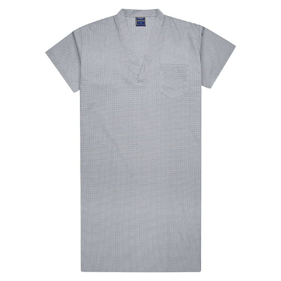 A comfortable free flowing short sleeve nightshirt made using a lightweight printed cotton blend material that keeps you extra cool on those hot evenings. Light grey/blue check pattern, below knee length with chest pocket.
