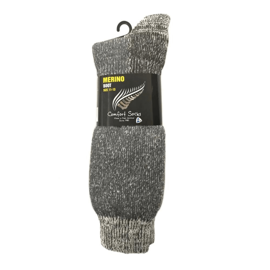 Stewarts Menswear Mullumbimby, Merino Boot Socks, Charcoal. Features a double comfort cuff which sits at mid-calf length and elasticated ankle and arch support. 