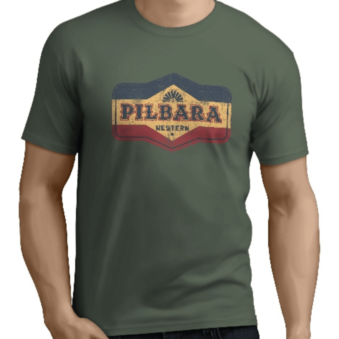 Pilbara Western Oil Can and Game Day tees bundle, 100% cotton crew-neck tees in olive and golden rough, available at Stewart's Menswear Mullumbimby.