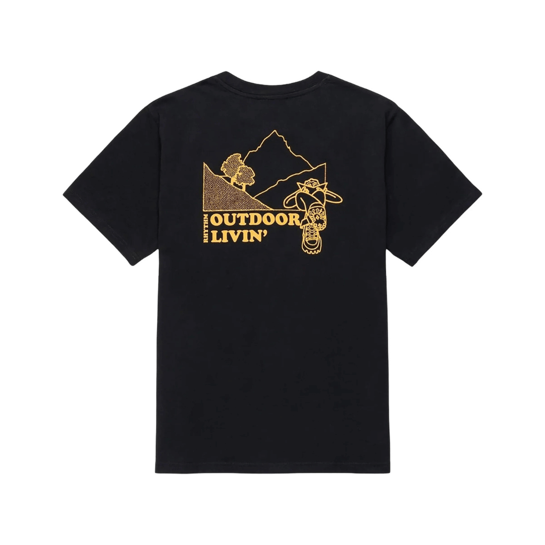 Stewart's Menswear, Mullumbimby. Rhythm Outdoor Livin T-Shirt. Black with gold screen print line drawing of a guy kicking back in the outdoors.  Back view with large back print.