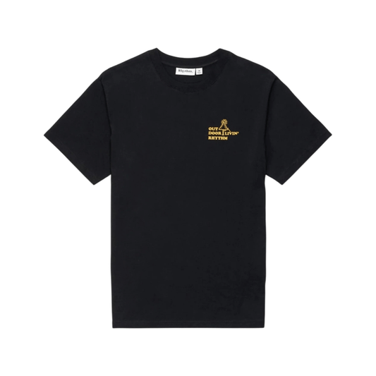 Stewart's Menswear, Mullumbimby. Rhythm Outdoor Livin T-Shirt. Black with gold screen print line drawing of a guy kicking back in the outdoors.  Front view with small chest print.