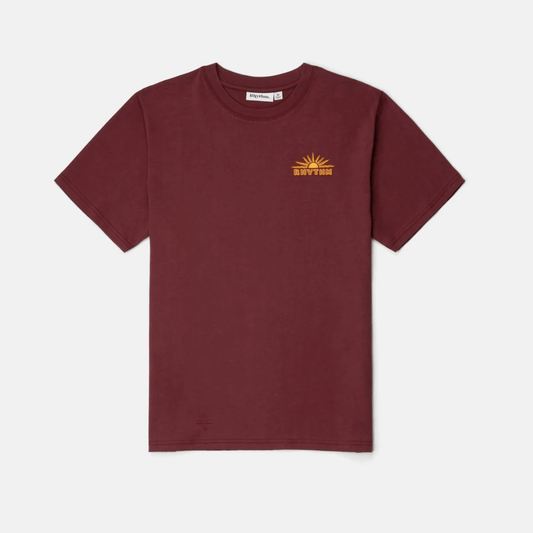 Stewarts Menswear, Mullumbimby. Rhythm Frame short sleeve t-shirt in Merlot colourway. Photo shows front of tee with small chest screen print Rhythm logo.