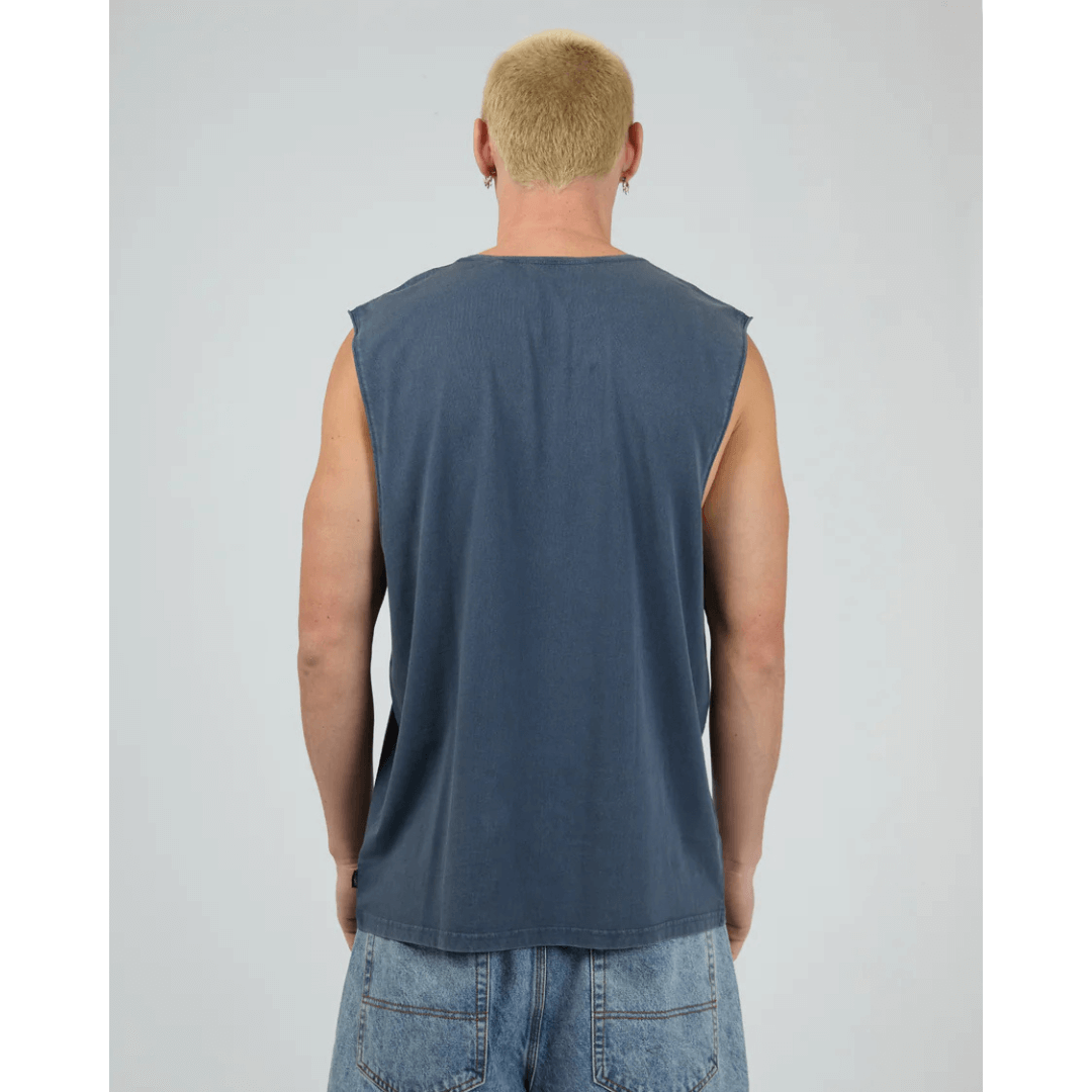 Man wearing Silent Theory basics classic muscle tee available from Stewart's Menswear in Mullumbimby. Pigment washed, navy colour, back view.