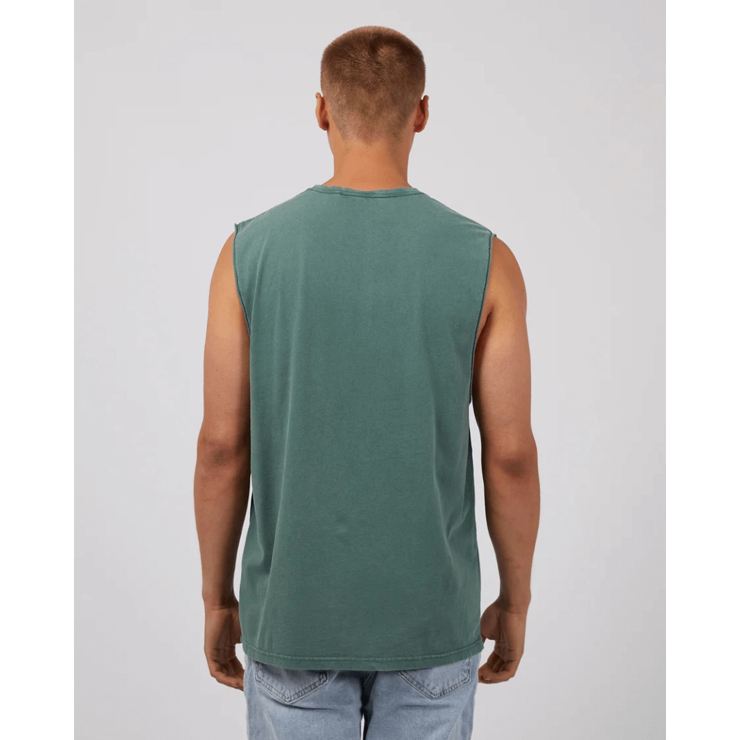 Stewart's Menswear, Mullumbimby. Silent Theory basic classic muscle tee. Photo shows model wearing Tan coloured Silent Theory Classic muscle, back view.