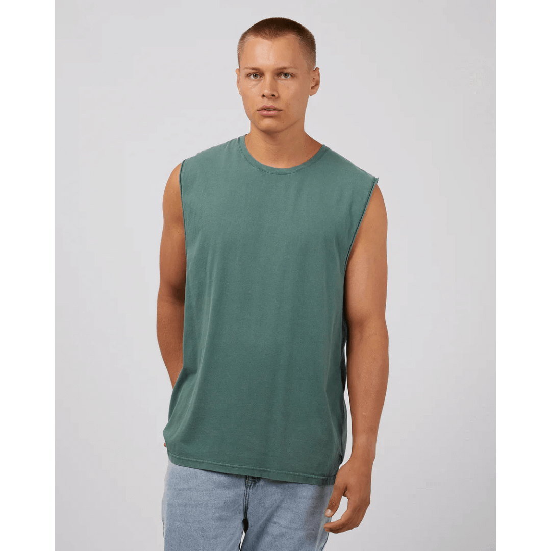 Stewart's Menswear, Mullumbimby. Silent Theory basic classic muscle tee. Photo shows model wearing Pine coloured Silent Theory Classic muscle, front view.