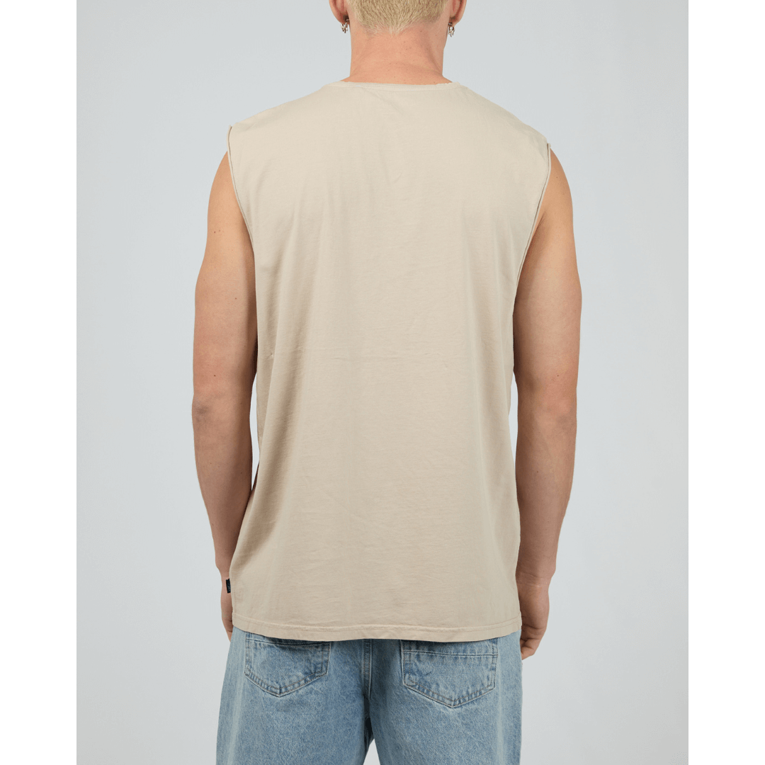 Stewart's Menswear, Mullumbimby. Silent Theory basic classic muscle tee. Photo shows model wearing Tan coloured Silent Theory Classic muscle, back view.