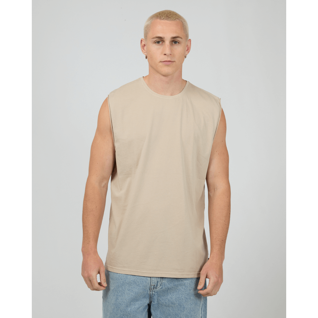Stewart's Menswear, Mullumbimby. Silent Theory basic classic muscle tee. Photo shows model wearing Tan coloured Silent Theory Classic muscle, front view.