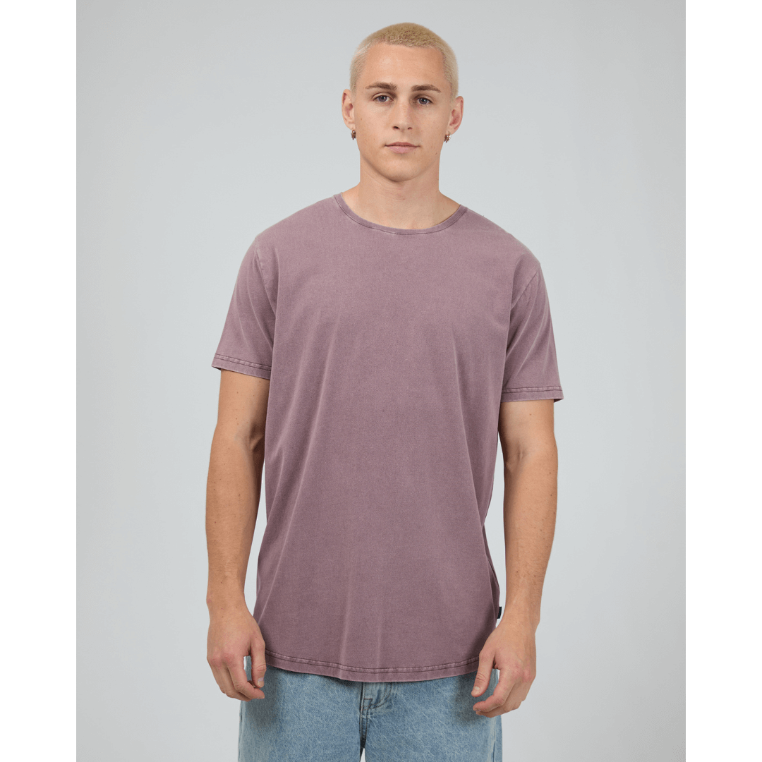 Stewarts Menswear, Mullumbimby. Photo shows model wearing  vino  coloured Silent Theory Tail Tee, front view.