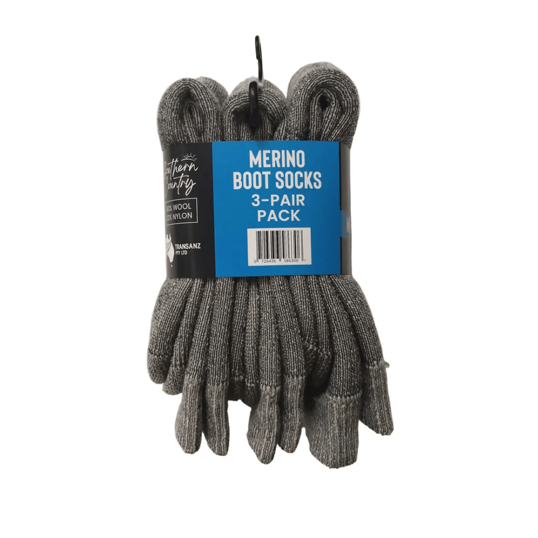 Southern Country merino wool blend men's boot socks, 3 pair pack, available at Stewart's Menswear Mullumbimby.