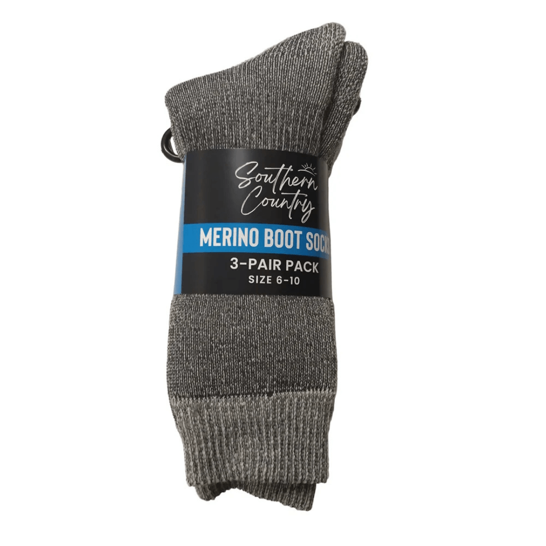 Southern Country merino wool blend men's boot socks, 3 pair pack, available at Stewart's Menswear Mullumbimby.