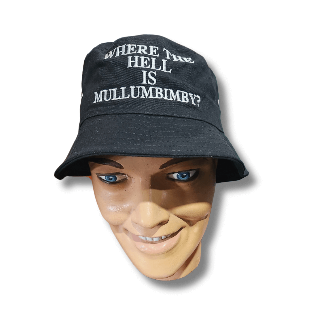 Stewarts Menswear Mullumbimby souvenir bucket hat. The classic unisex design works for both men and women and the embroidered “Where the Hell is Mullumbimby?” slogan across the front adds a touch of cheeky humour. Colour is black with white embroidered slogan.