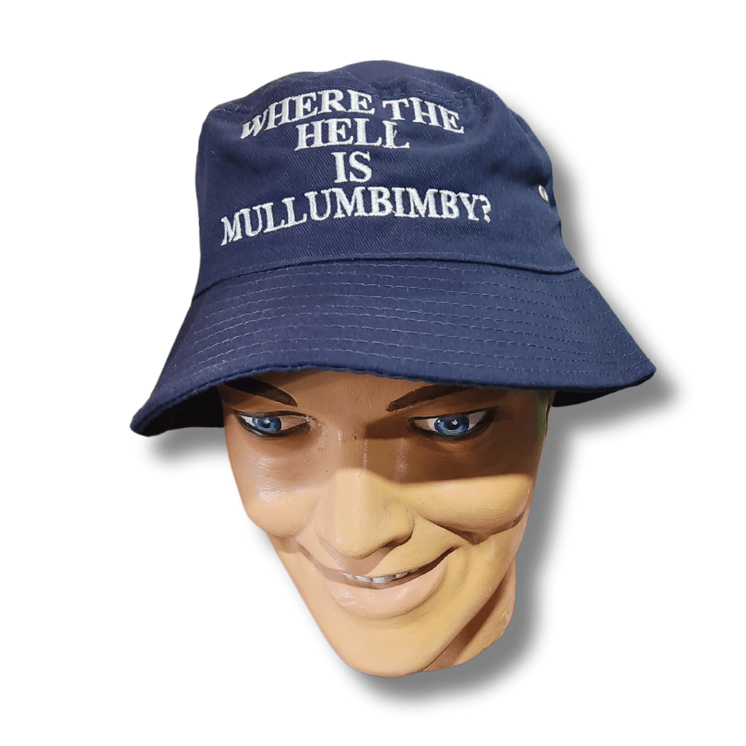 Stewarts Menswear Mullumbimby souvenir bucket hat. The classic unisex design works for both men and women and the embroidered “Where the Hell is Mullumbimby?” slogan across the front adds a touch of cheeky humour. Colour is navy with white embroidered slogan.