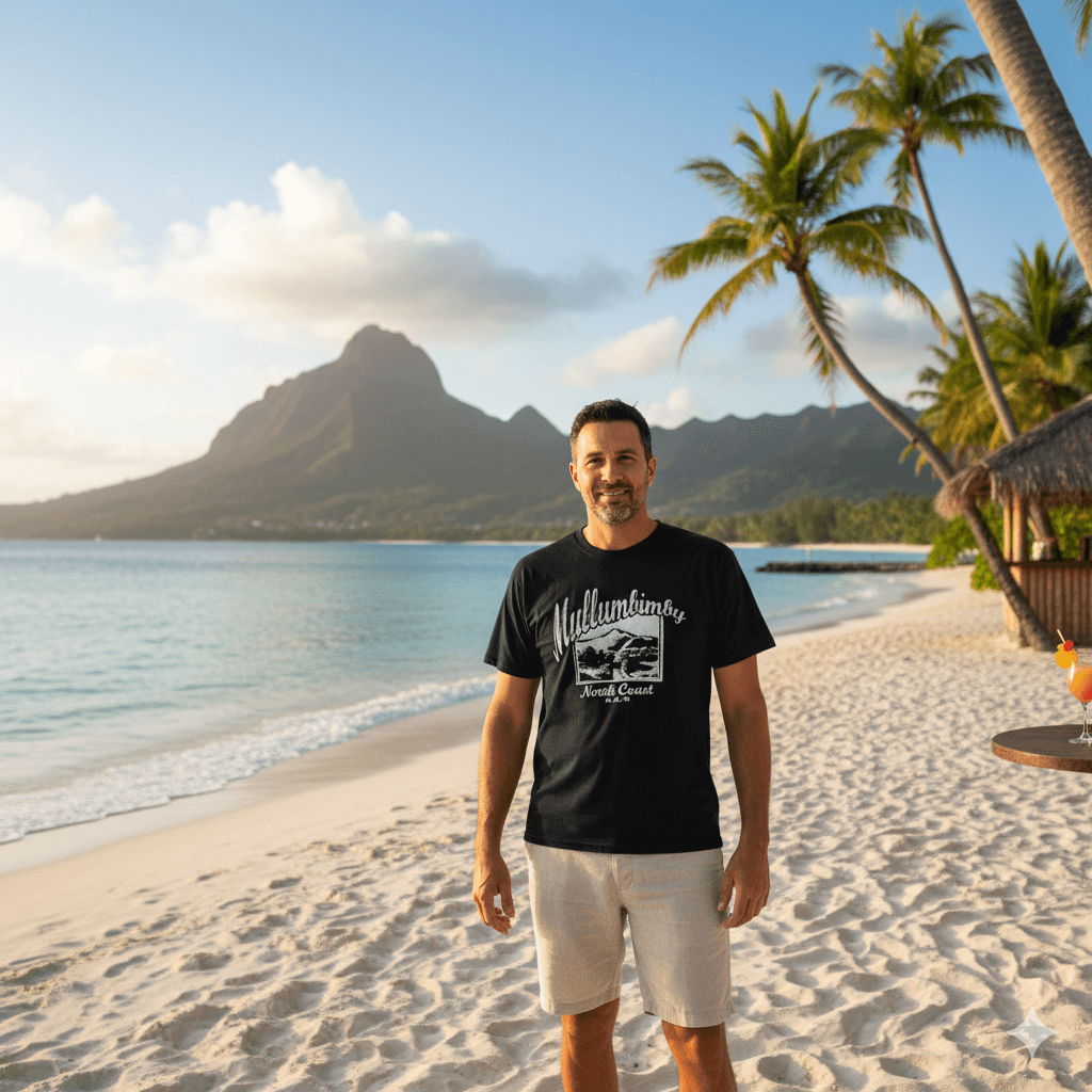 A man wearing a black souvenir Mullumbimby Tee-shirt on an exotic beach. Mullumbimby T-shirts available from Stewart's Menswear. Also available in Khaki and Duck Egg Blue.