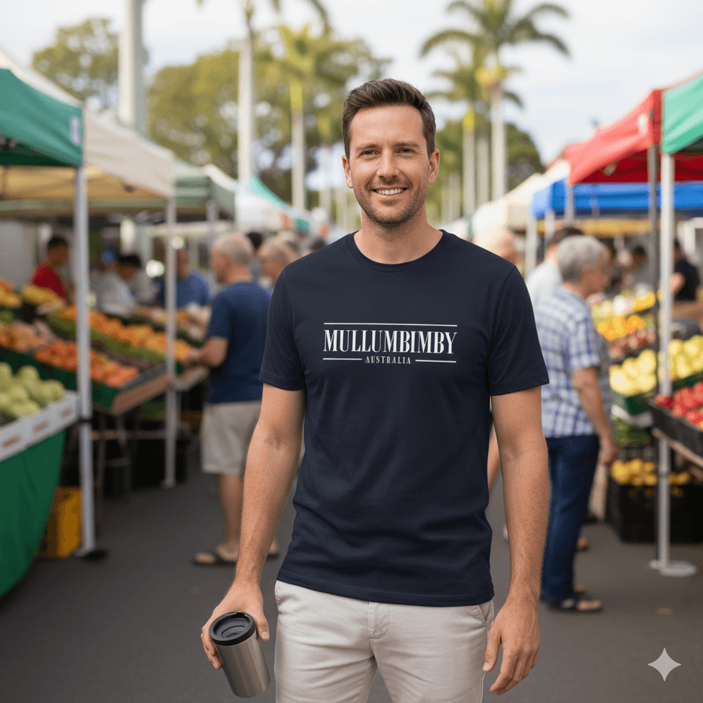 Photo of model wearing Mullumbimby t-shirt available from Stewart's Menswear in Mullumbimby. Navy blue tee shirt with Mullumbimby Australia written on the front in white print.