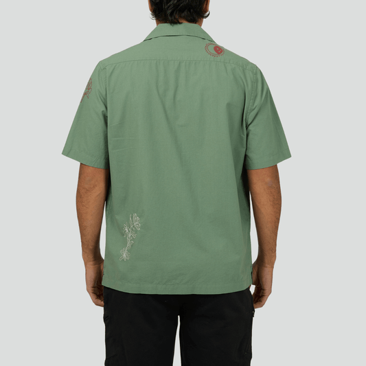 Back view of St Goliath Athens embroidered short sleeve shirt in green available from Stewart's Menswear in Mullumbimby.