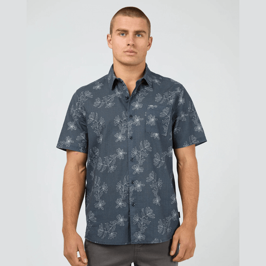 Front View of St Goliath Blackgate Short Sleeve Shirt  available at Stewart’s Menswear Mullumbimby. Men’s relaxed-fit cotton shirt with button-down front and collared neckline.