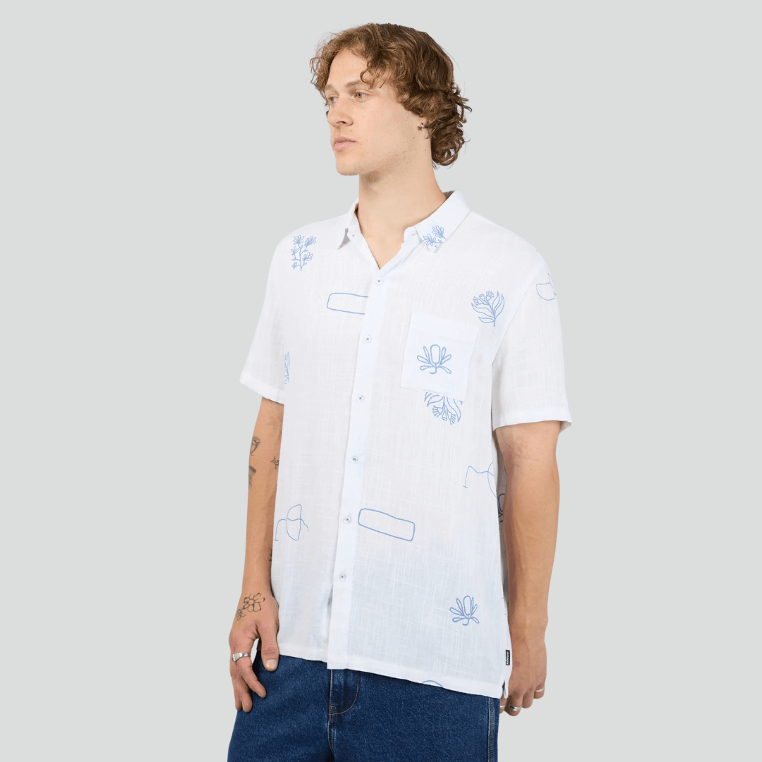 St Goliath  Ceramic short-sleeve shirts with all-over print, available at Stewart's Menswear Mullumbimby.