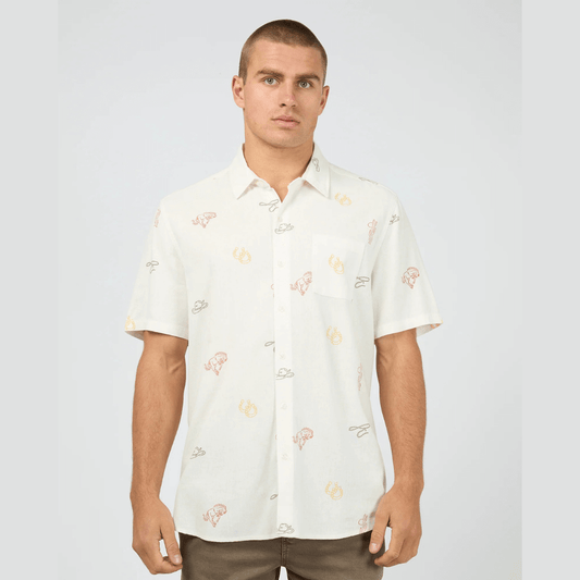 Front view of St Goliath Ranch Short Sleeve Shirt&nbsp; available at Stewart’s Menswear Mullumbimby. Men’s linen-blend short sleeve shirt with chest pocket and ranch-inspired style.