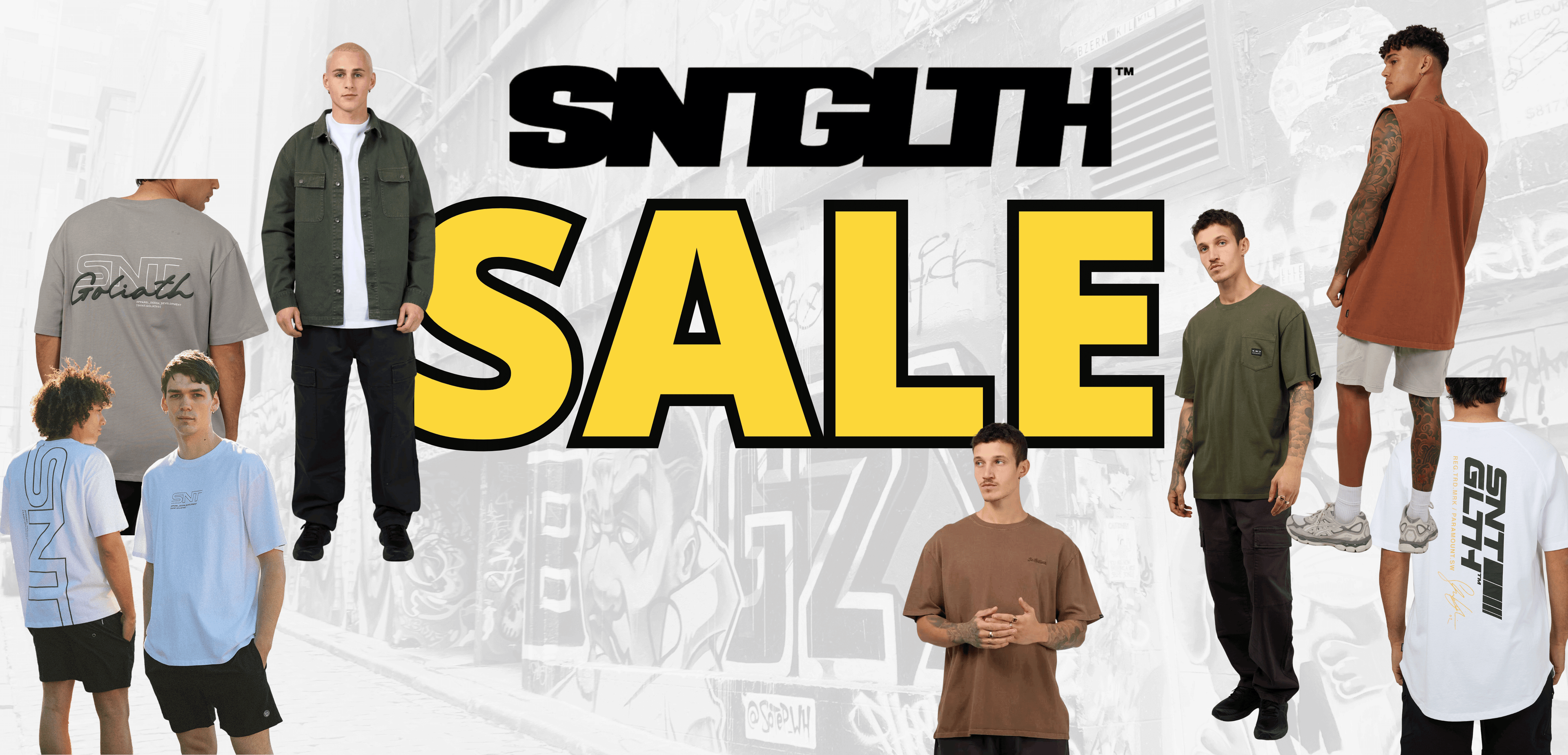 Stewart's Menswear Promotional banner for a sale with people wearing clothing and 'SNTGLTH' branding.