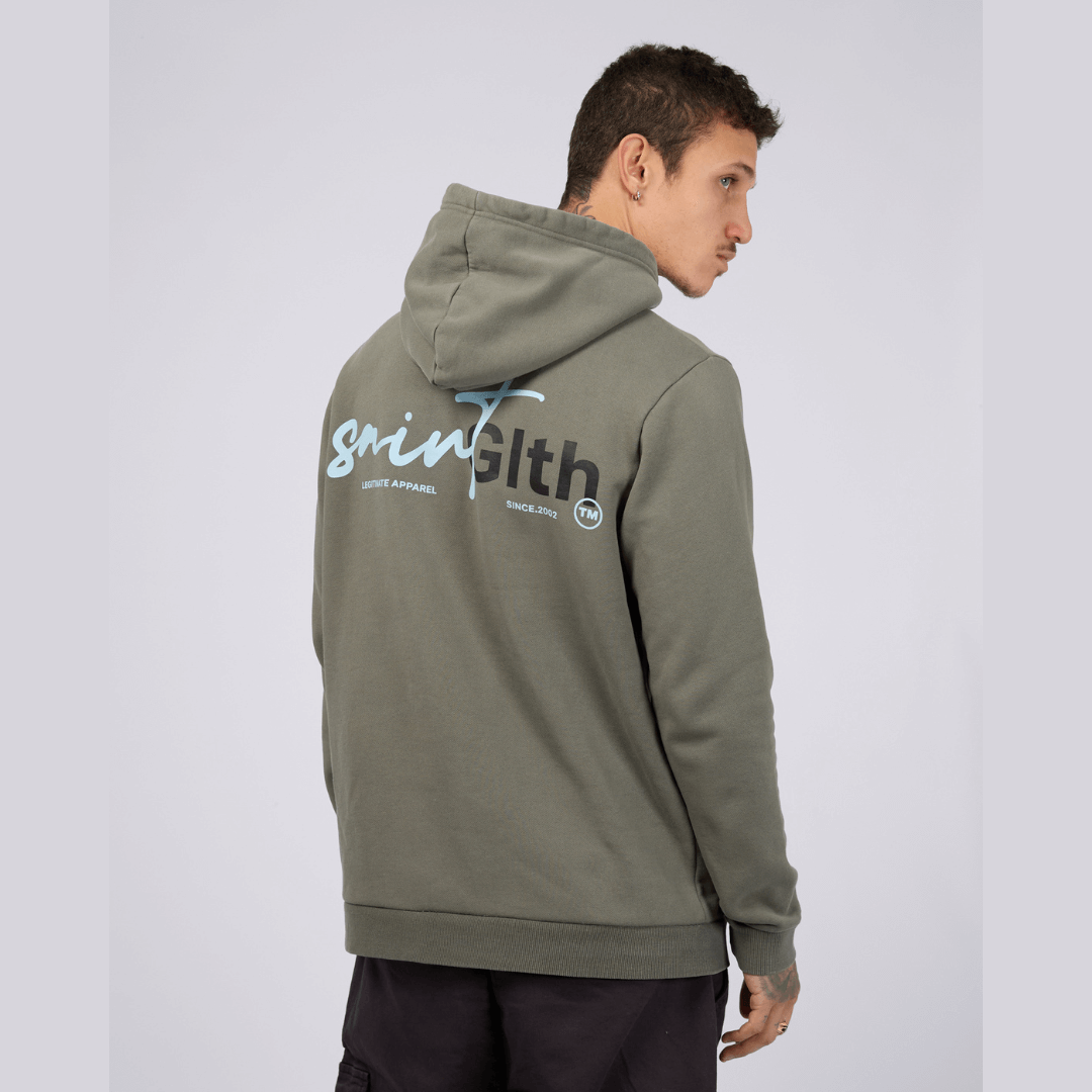 Stewarts Menswear mullumbimby. St Goliath Sign Off Hoodie. Colour is light army green. Photo shows back view with Saint Goliath branded print in mint blue and charcoal colour.