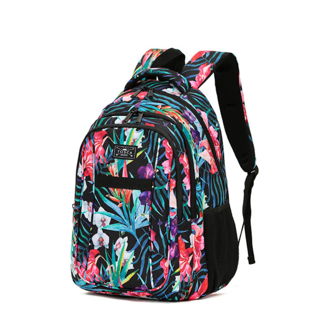 Black with all over floral print Tosca 35 litre backpack available from Stewart's Menswear, Mullumbimby.